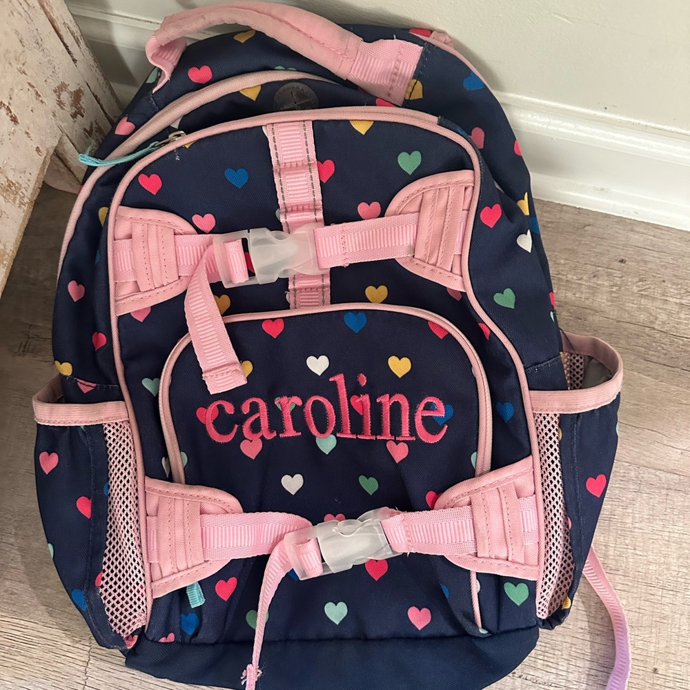 “Caroline” Small Pottery Barn Kids Navy & Pink Heart Pattern Backpack